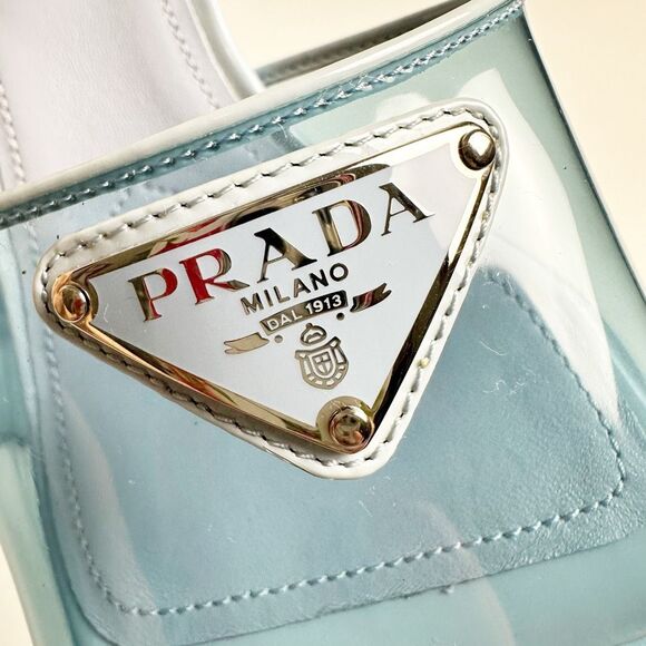 PRADA Blue Ciabatte Triangle Logo Slide Sandal Heels Size 37 Mule Clear PVC - Picture 9 of 13